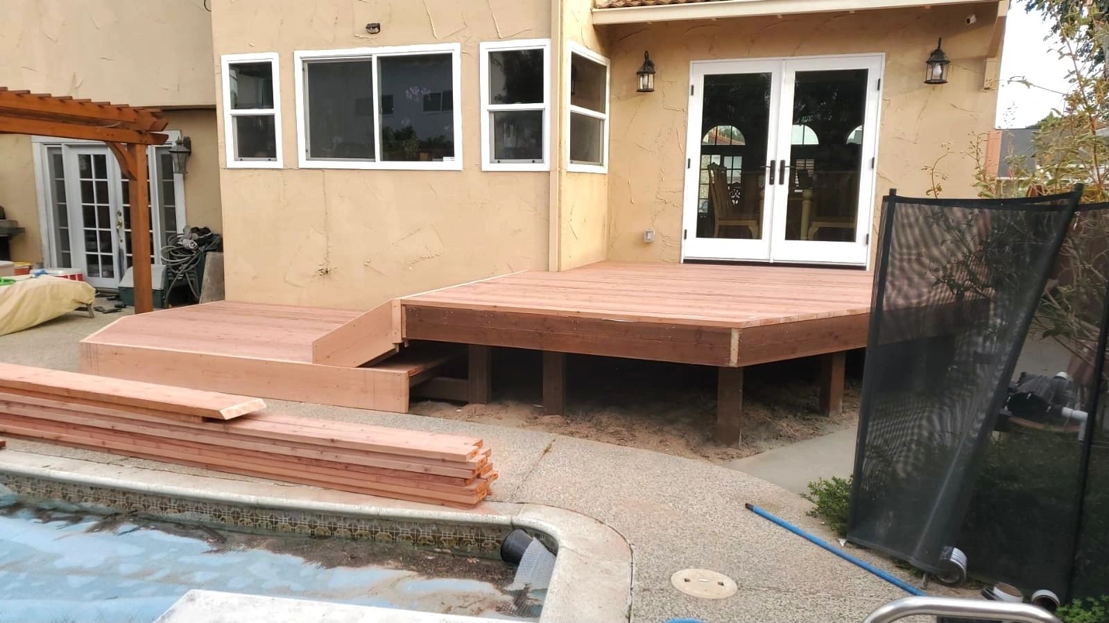 New redwood deck after installation
